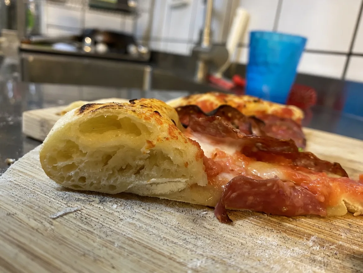 Freshly baked pizza with an airy golden crust