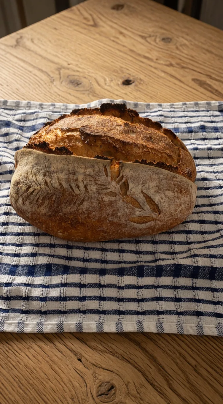 A tall sourdough loaf with a crisp golden crust