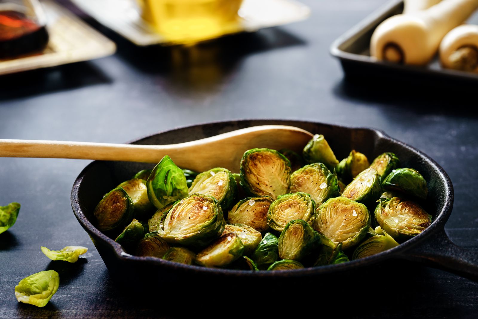 Browned Brussels sprouts in a cast iron pan