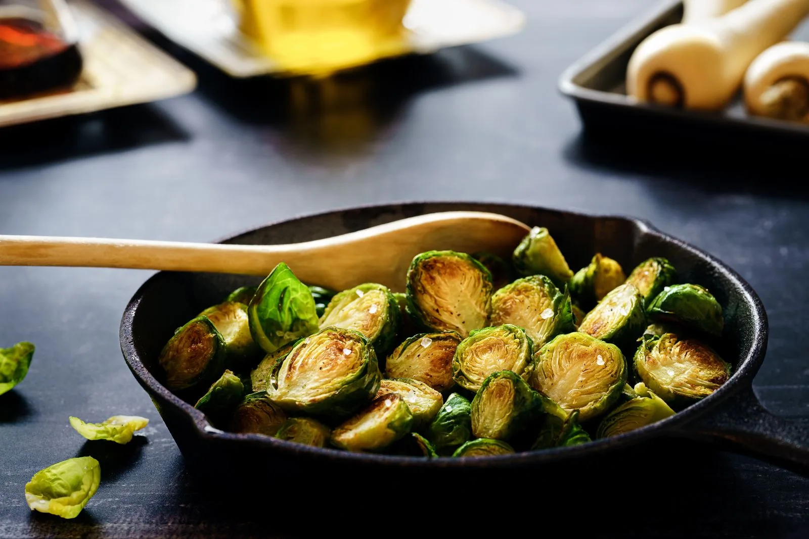 Browned Brussels sprouts in a cast iron pan