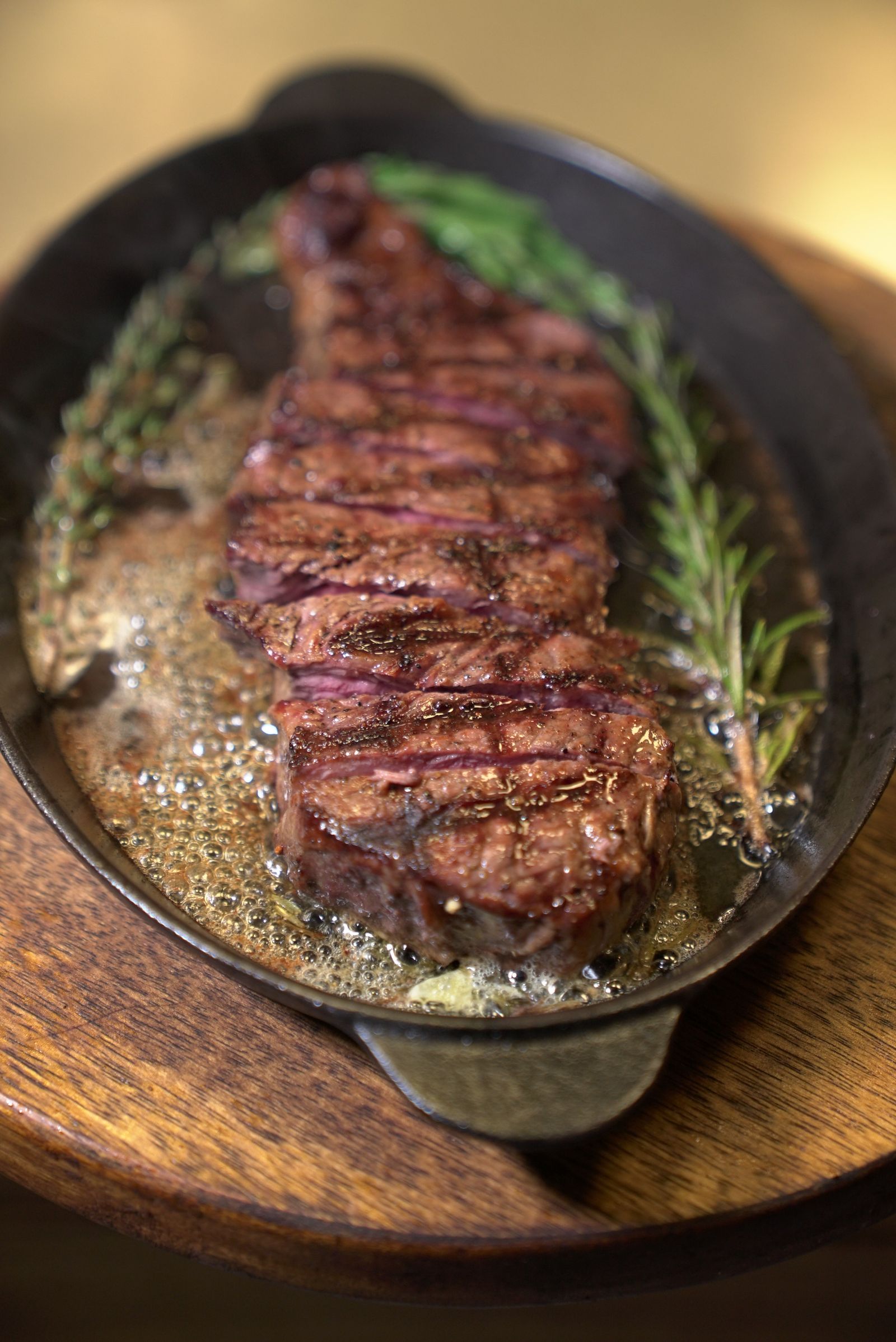 Steak with a deep golden-brown seared crust